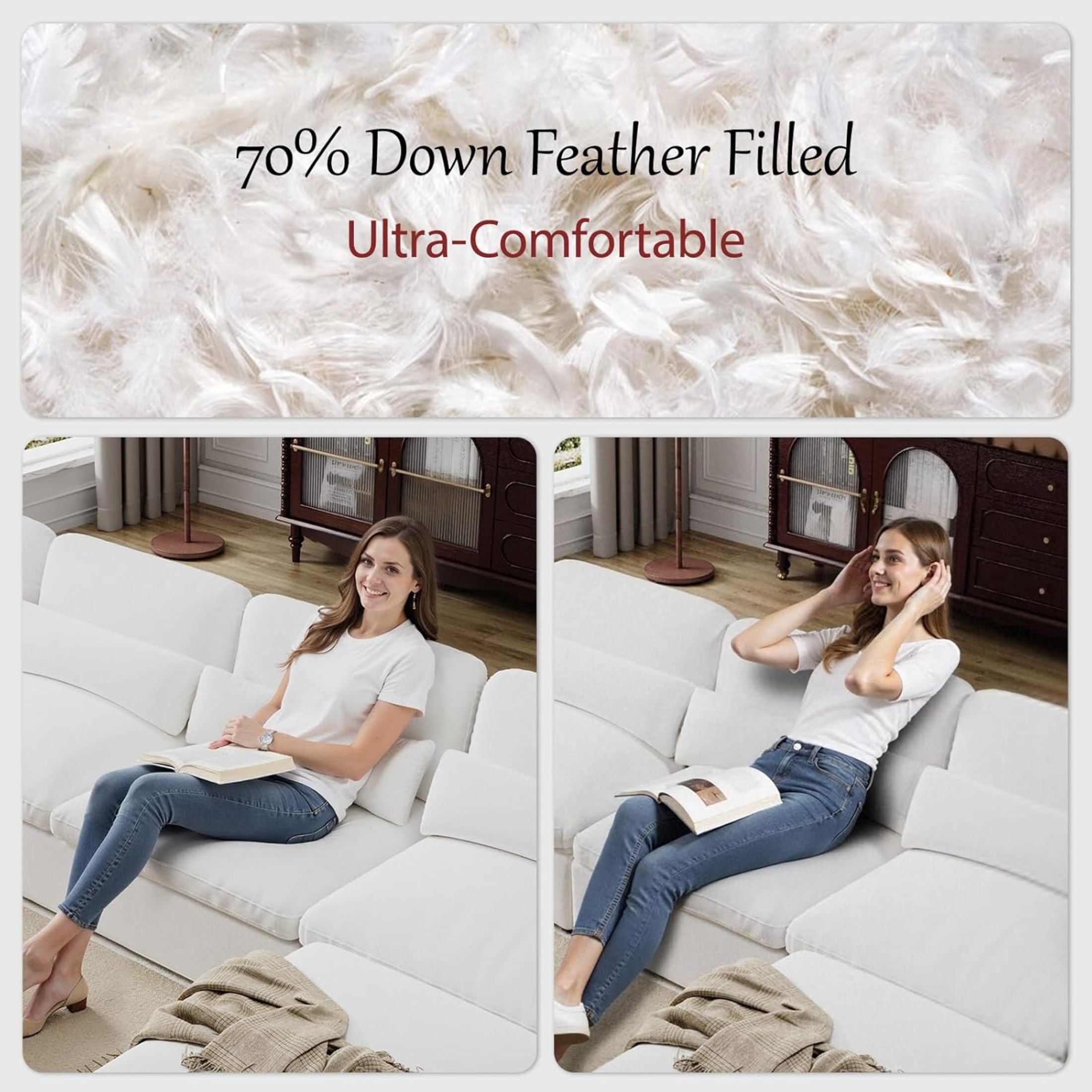 Noble House 115" Minimalist Sectional Sofa, Ottoman with Storage, Down-Filled Cushions, Chenille Fabric, White