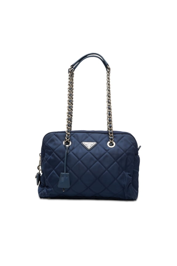 Pre-Owned Prada Triangle Logo Plate Quilted Chain Shoulder Bag Blue Nylon Women's PRADA