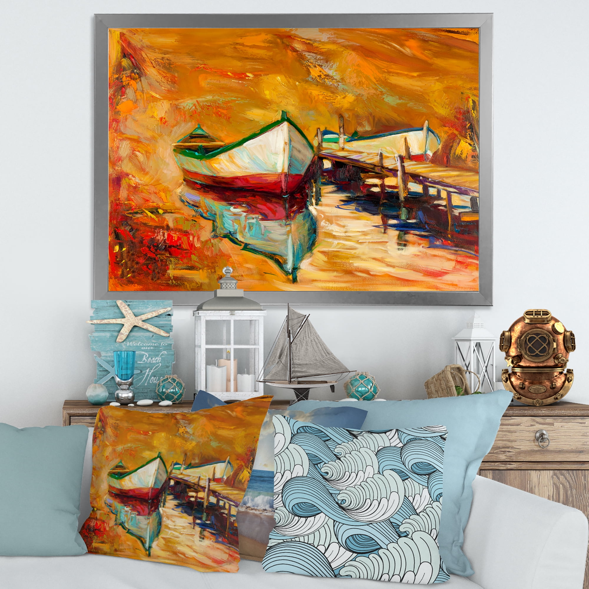 Designart 'Red and White Boats By The Pier' Nautical & Coastal Framed Art Print