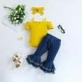 thumbnail image 4 of Odeerbi Toddler Girls 3 Piece Outfits Ruffle Bodysuit Flared Jeans Set Summer Clothes Fashion Casual Round Neck Collar Short Sleeve Botton Tops Solid Color Long Pants Sets Yellow, 4 of 9