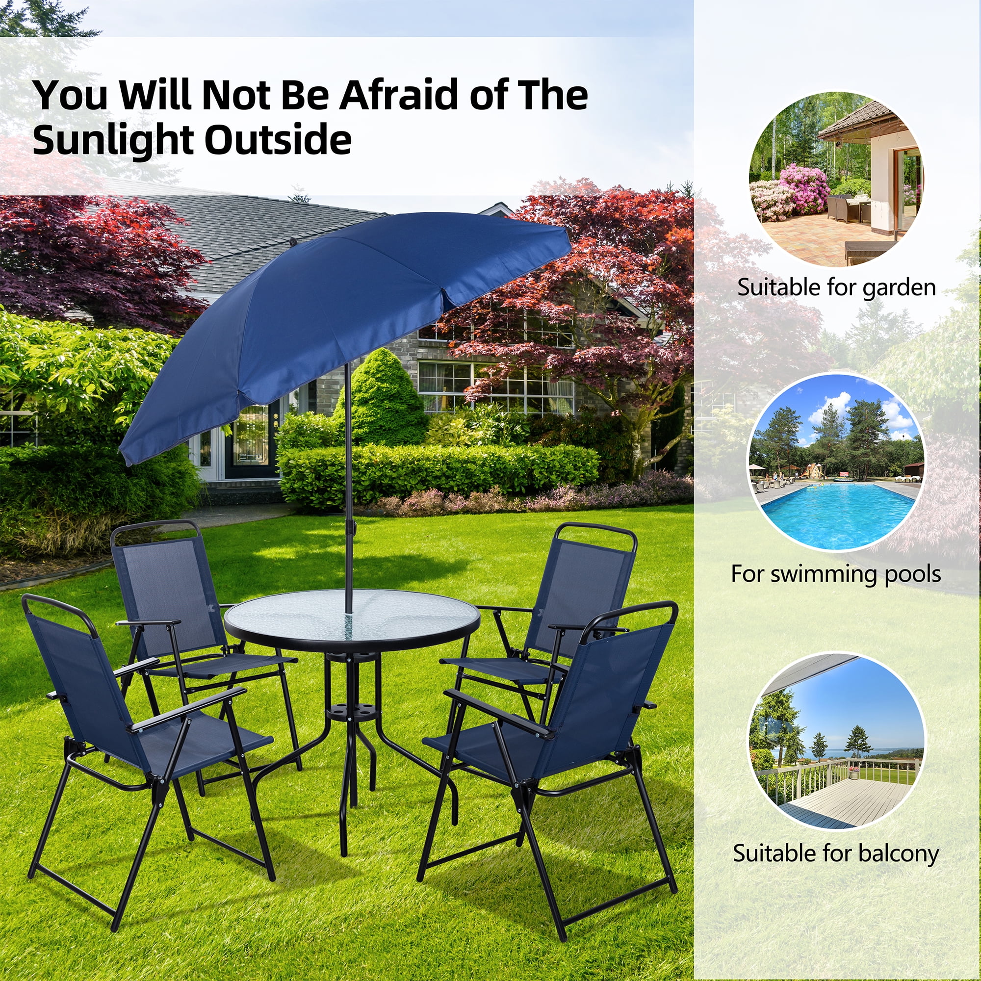 6-piece patio set with umbrella MF Studio 6 Pieces Outdoor Dining Navy Blue Umbrella, A summitlivin this patio set is rust PHI VILLA 6-Piece Metal Patio
