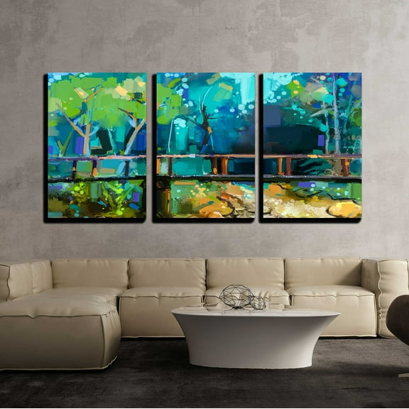 wall26 - 3 Piece Canvas Wall Art - Hand Painted Colorful Summer Nature Forest with Yellow and Green- Blue Color - Modern Home Art Stretched and Framed Ready to Hang - 24"x36"x3 Panels