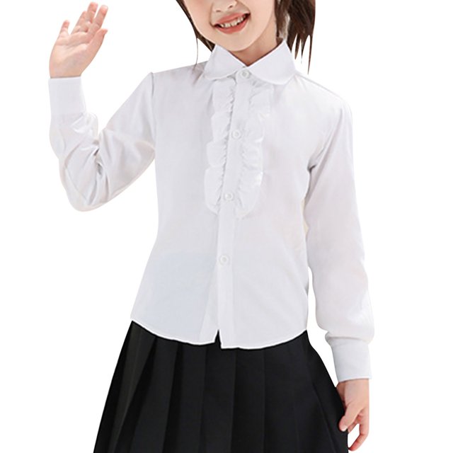 Uniform Shirts for Girls Ruffle Princess Lace Collar Long Sleeve Button Down Bowknot Blouse White 15-16 Years