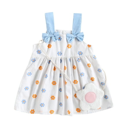 

Baby Girls Summer A-Line Dress Casual Flower Print Sleeveless Dress with Cute Bag Beach Party Wear