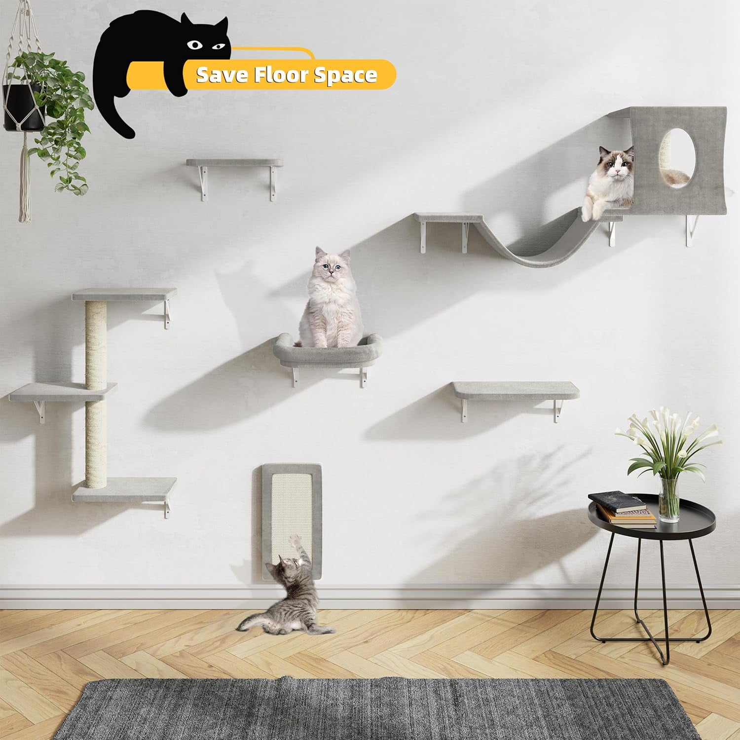 SONGMY Cat Wall Furniture, 6Pc Wall Mounted Cat Furniture Set with House, Bridge, Tree, Steps, Scratcher, DIY Walls Playground, Shelves for Indoor Wall Furniture Set - Gray