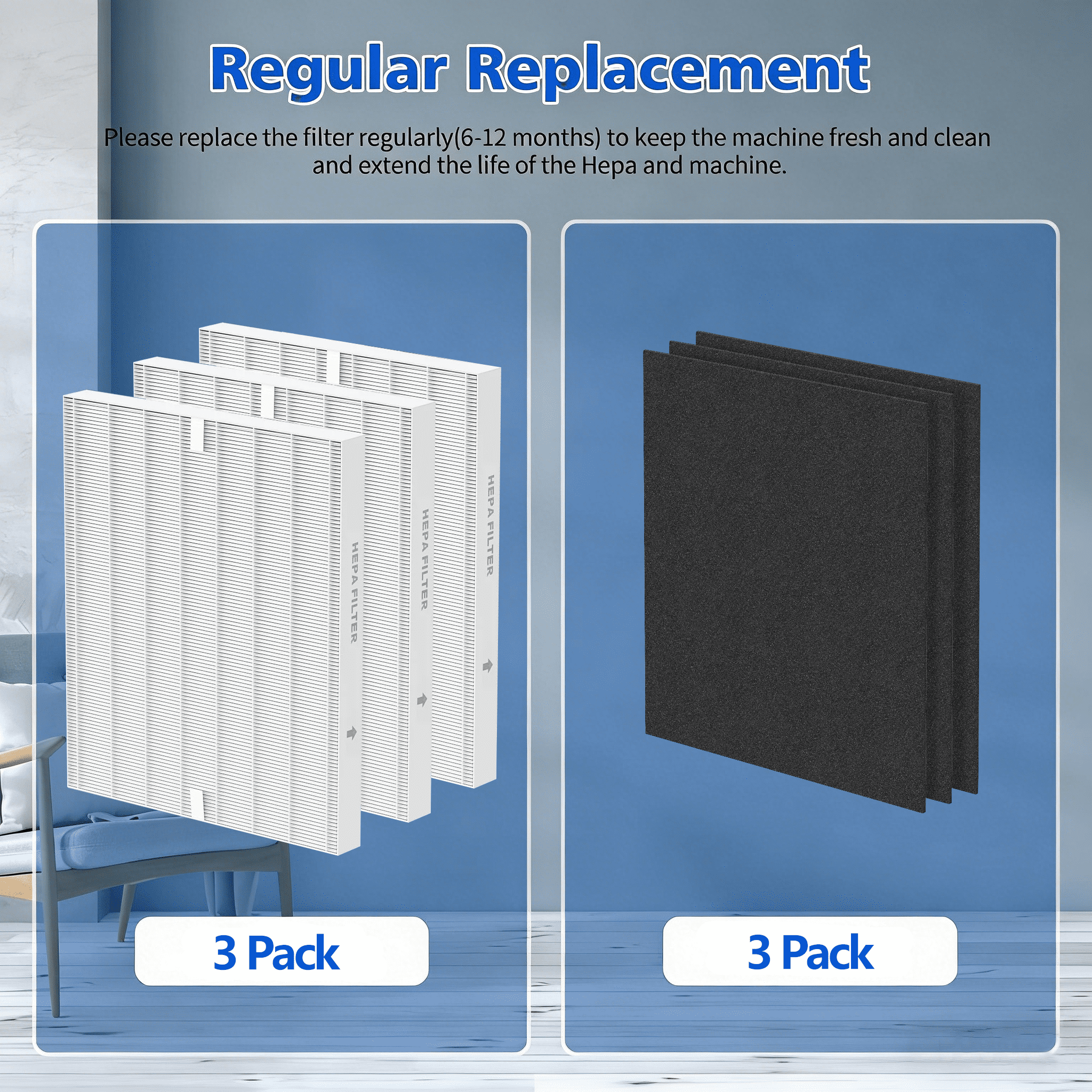 AP-1512HH Replacement Filter Compatible with Coway Airmega AP-1512HH and Airmega 200M air Puri-Fier, AP-1512HH-FP, AP-1518R, AP-1519P, 3 HEPA Filter, 3 Carbon Filters, Compared to Part #3304899