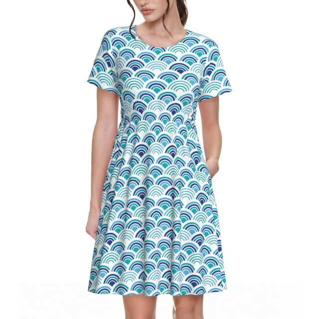 Vsdgher Texture d'Écailles de Poisson Bleues pour Femmes Été 2025 Robes Midi Maxi Décontractées Légères à Manches Courtes à Col Rond Robe de Plage
