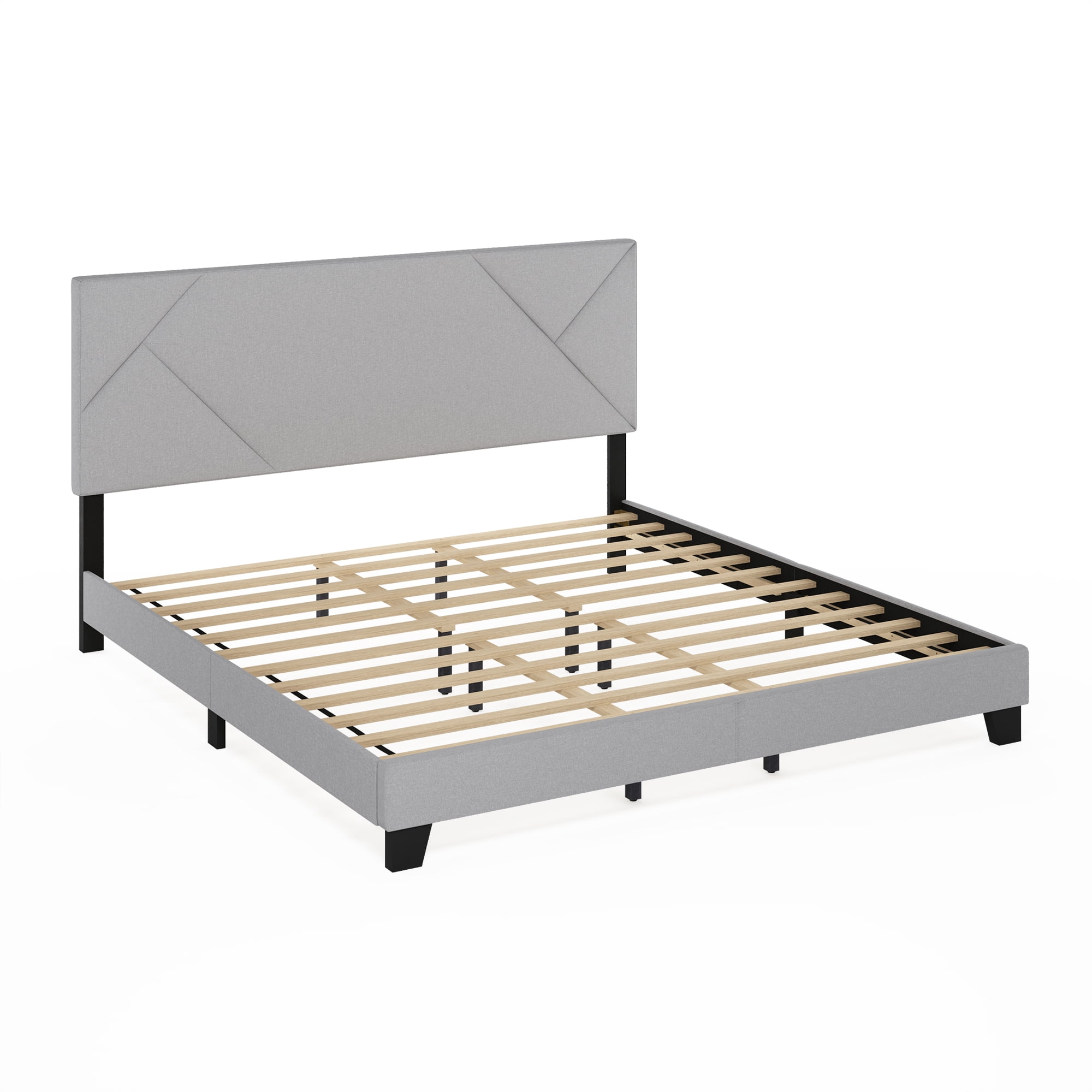 Furinno SKYLAR King Upholstered Bed Frame with Adjustable Geometric Headboard and 12-Piece Wooden Slat Support, No Box Spring Required, Light Grey