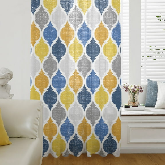 Yellow Blue Morocco Pattern Semi Sheer Curtains Drapes for Living Room, Bedroom, French Doors Window 96 Inches Long, Modern Moroccan Geometric Rod Pocket Chiffon Curtain Drapery Voile Drape Panel
