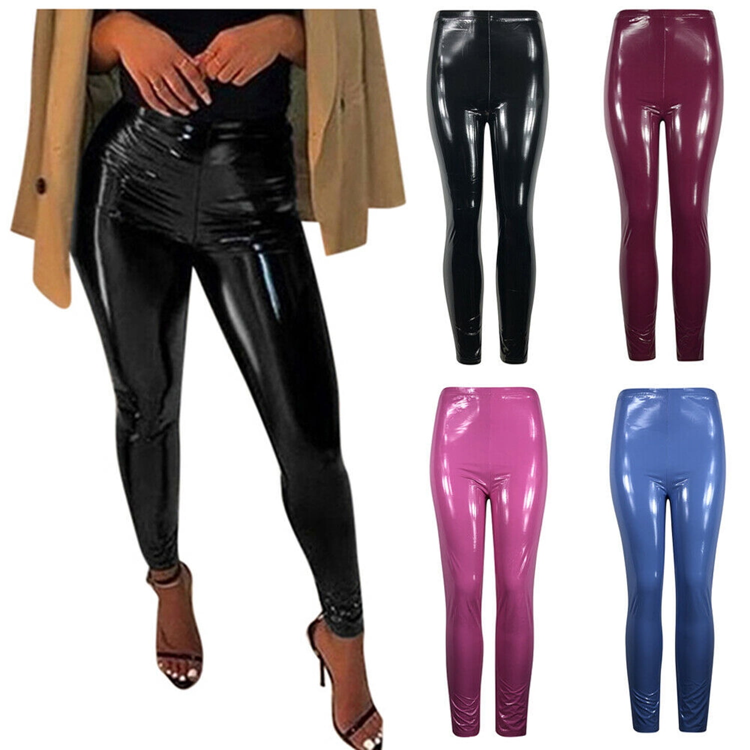 Ladies High Waist Faux Leather Leggings Wet Look Shiny Slim Stretchy Tight Pants