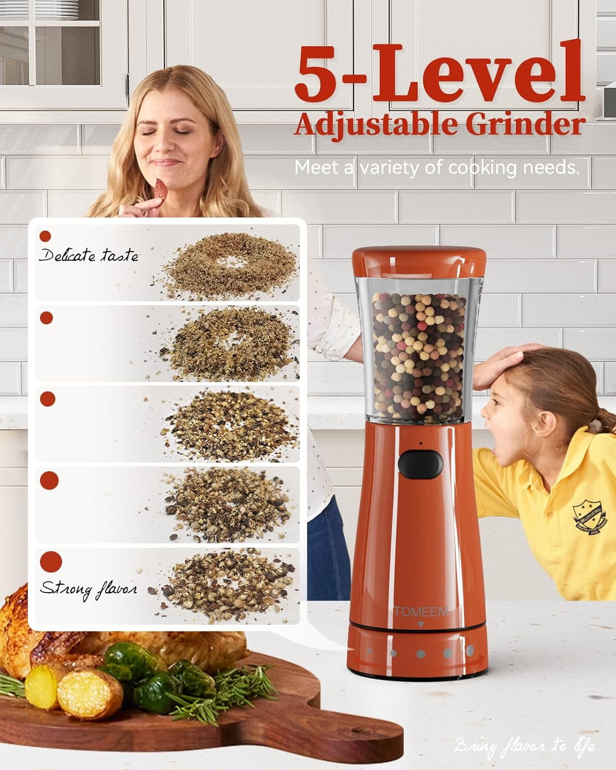 Electric Salt and Pepper Grinder Sets Automatic Adjustable Coarseness USB Rechargeable Mill Grinders Shakers With LED Light, Bright Orange