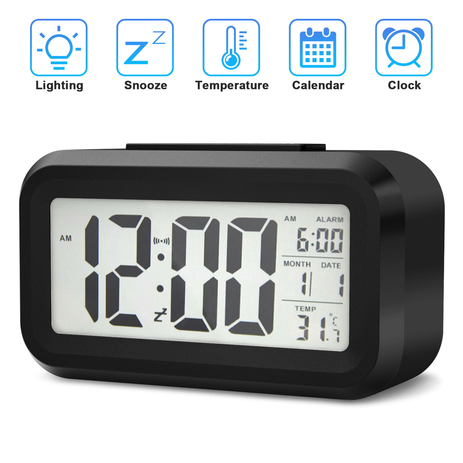 LED Display Backlight Time Meter Snooze Calendar Stopwatch Table Alarm Clock 