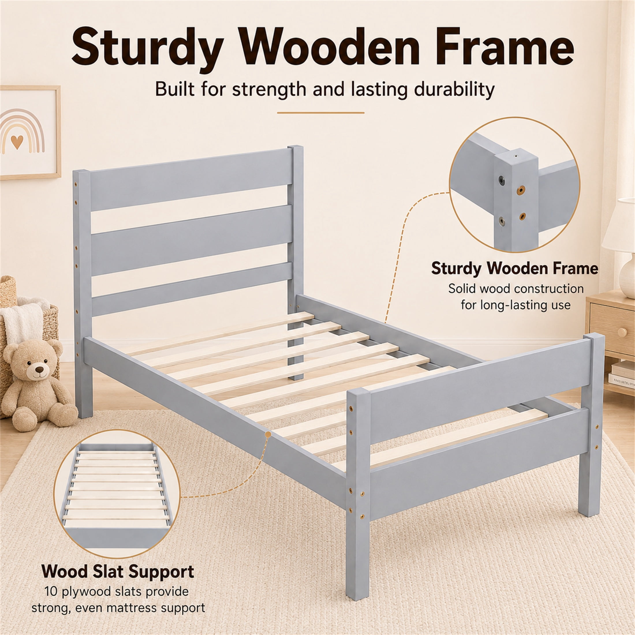 SESSLIFE Twin Bed Frame, Solid Wood Twin Platform Bed Frame with Headboard & Footboard, No Box Spring Needed with 250LBS, Easy Assembly, Grey