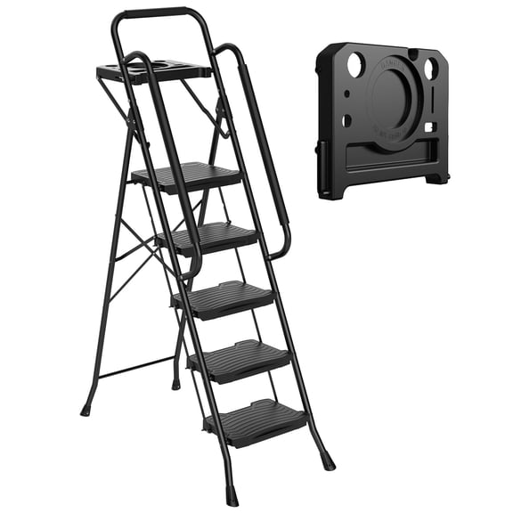 Sweetcrispy 5-Step 63-Inch Plastic Ladder Stool with Tool Tray, Non-Slip Steps, Handrails for Kitchen Garage Outdoor, Black