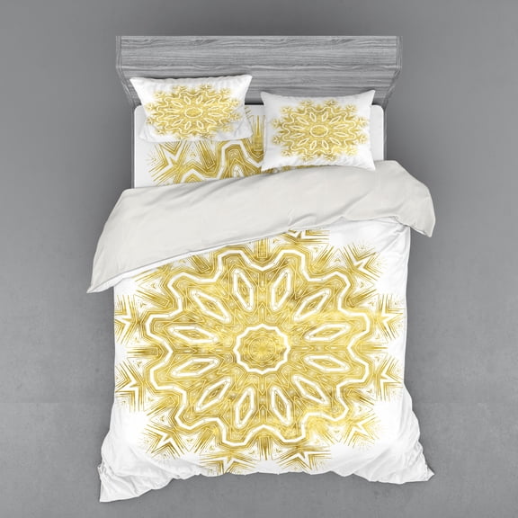 Ambesonne Mandala Bedding Set 4 Pcs, Oriental Modern Pattern, Queen, Pale Yellow and White