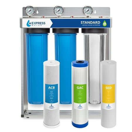 Home Water Filtration - Express Water Whole House Water Filter – 3 Stage Home Water Filtration System – Sediment, Charcoal, Carbon Filters – includes Pressure Gauges, Easy Release, and 1” Inch Connections