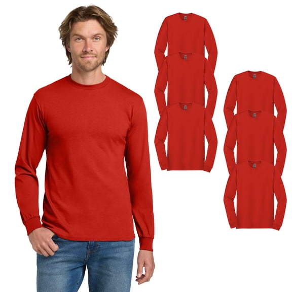 Gildan Men's Heavy Cotton Long Sleeve T-Shirt, Durable Crew Neck Classic Fit Tee, Red, 6-Pack, S
