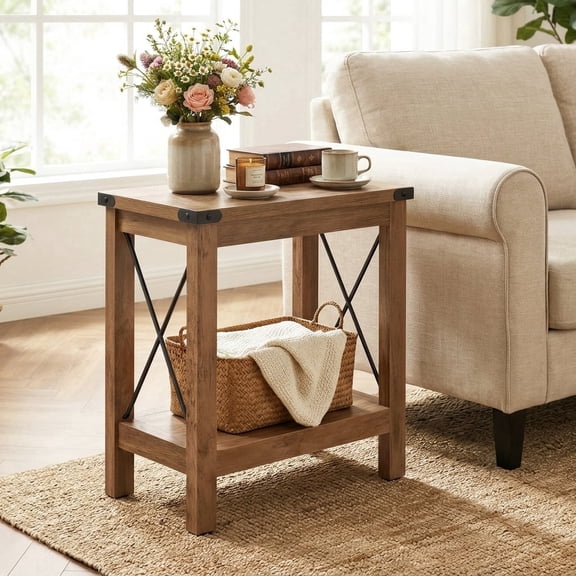 LEDREM 2 Tiers Side Table, End Table for Living Room, Compact End Table for Narrow Areas, Ideal for Lounge, Apartment, Rustic Country Design