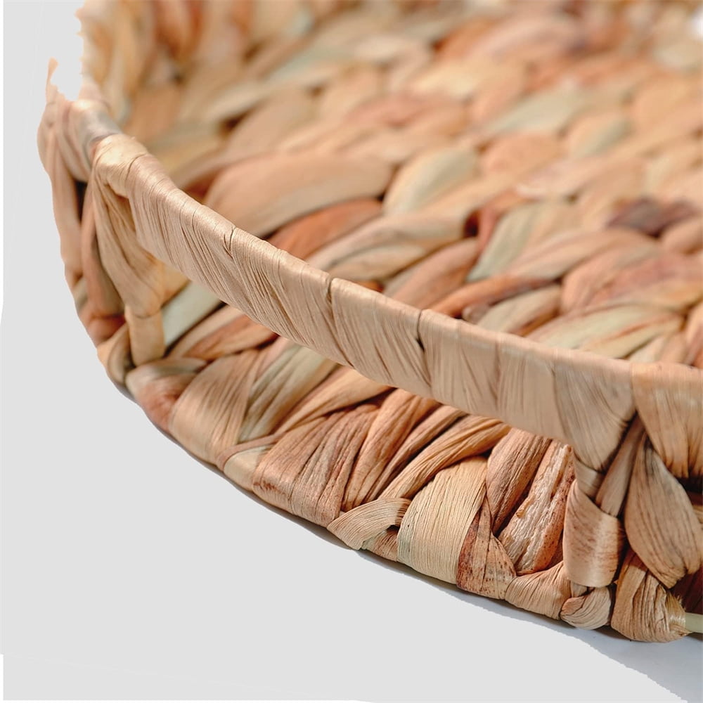 Hand Woven Wicker Tray,Round Tabletop Storage Baskets,Natural Water Hyacinth Serving Tray,Countertop Fruit Baskets,Home Decorative Tray,for Breakfast Snacks Sundries Organizer 13Inch