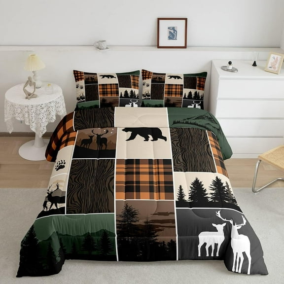 Rustic Cabin Comforter Set King Size, Hunting Bear Deer Down Comforter Teens Adult, Farmhouse Moose Quilt Vintage Plaid Tree Growth Ring Duvet Insert 3 Pcs With 2 Pillow Cases, Grey Brown