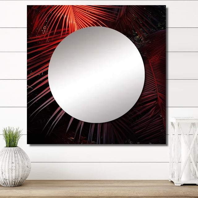 Designart "Photo Monochromatique des Palmiers Rouges I" Palmiers & Palmiers Grand Miroir Carré Rouge - Miroir de Chambre Carré Imprimé Décoration Murale - Art Miroir Mural Carré Imprimé Traditionnel