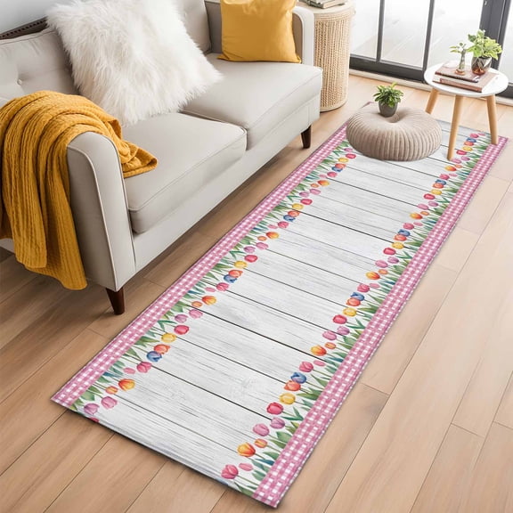 Kitchen Runner 2 x 6 Ft, Spring Tulip Non-Slip Residential Carpet, Watercolor Flowers Wooden Grain Pink Plaid Indoor Crawling Mats Runner Rugs for Living Room/Dining Room/Bedroom