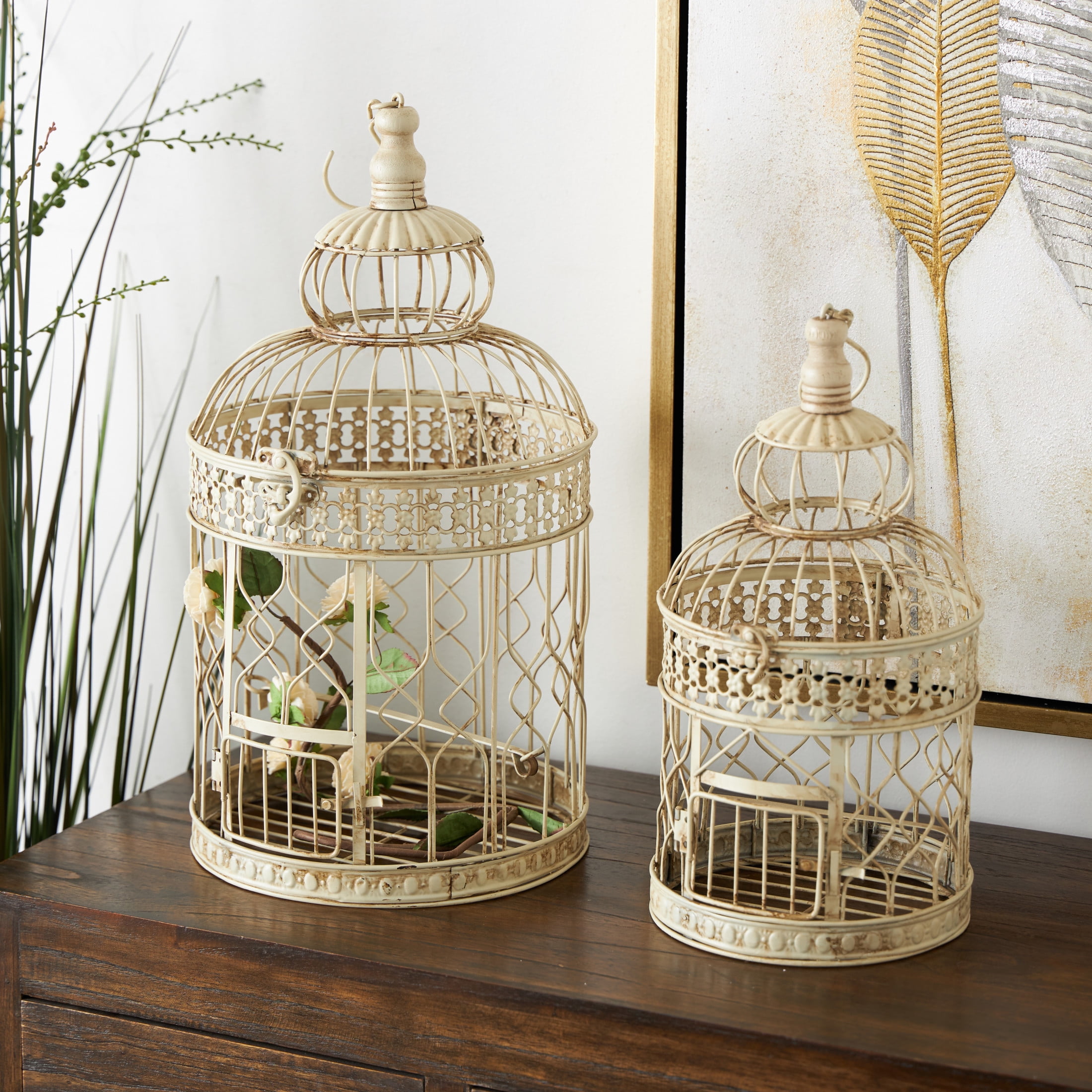 DecMode Hinged Top Cream Metal Birdcage with Latch Lock Closure and Hanging Hook, Set of 2