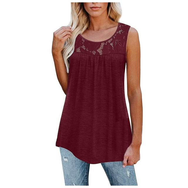 Timegard Womens Tank Top Plus Size Scoop Neck Lace Sleeveless Ruched Tops Casual Comfy Summer Tee Shirts