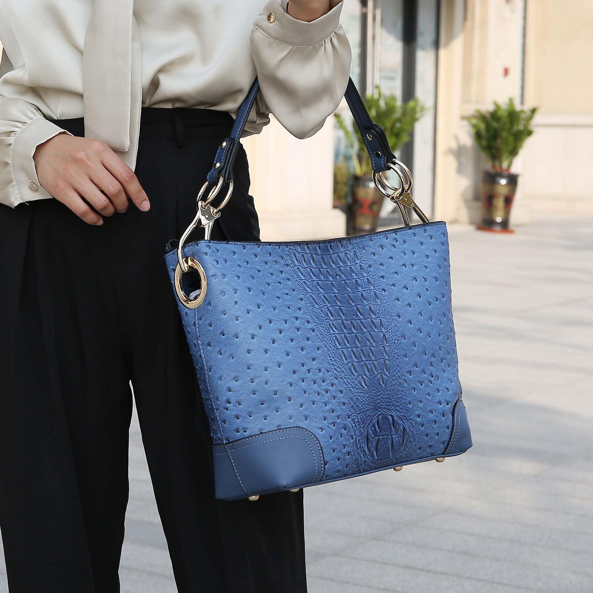 MKF Collection Wandy Women's Hobo Bag Set with Wristlet Wallet, Vegan Leather Croco Shoulder Bag 2Pcs by Mia K - Blue