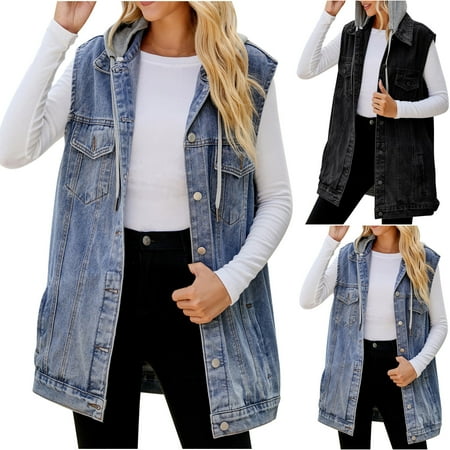Juebong Womens Denim Vest Top Sleeveless Jean Vests Vintage Lightweight Oversized Button Down Utility Jean Jackets Blue M