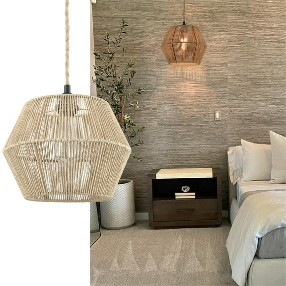Claxy Drum Shade Beige Rope Hanging Light with Plug in Cord