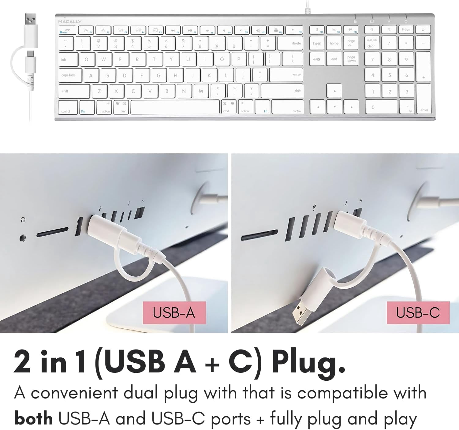 Macally USB C Keyboard (Upgraded) - Dual USB A + C Plug - Wired Keyboard for Mac - Ultra Slim, 20 Shortcuts, 110 Scissor Keys