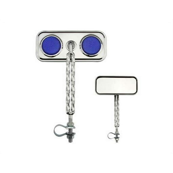 Double Twisted Mirror Chrome Blue Reflectors. Bike mirror, bicycle mirror for lowrider , beach cruiser, chopper,  stretch bike