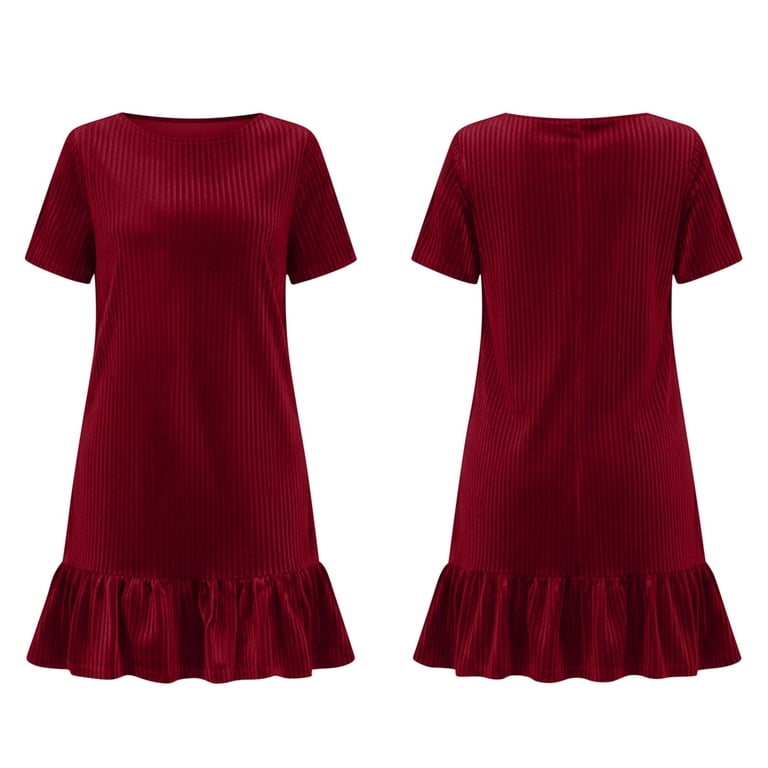 red velvet t shirt dress Ifnwsv Womens Casual Dresses Velvet Ribbed Round Neck Ruffle Hem Short Sleeve Straight Mini T Shirt Dress Red 5XL, Women's