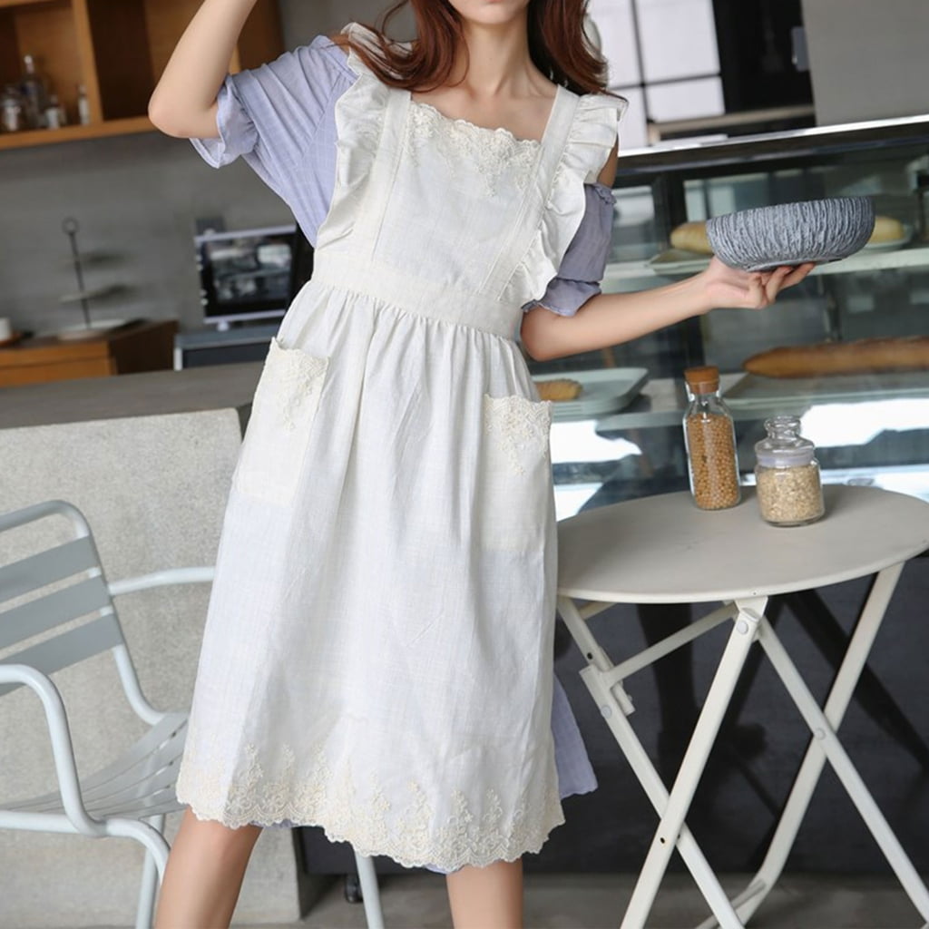 Aellinatey Cotton Linen Lace Trim Ruffled Apron with Pockets for Culinary and Handicraft