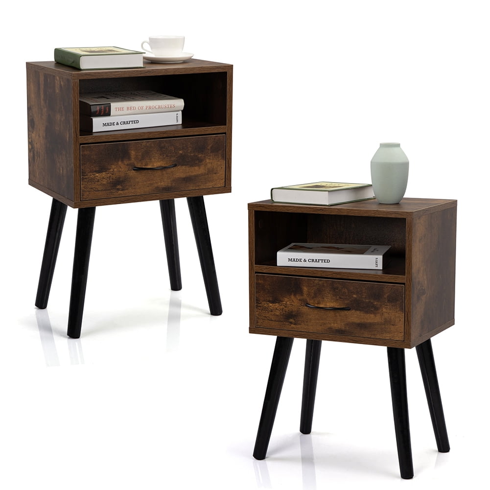 Kadyn Set of 2 Mid Century Nightstand for Sofa Couch, Side Table with Drawer and Shelf for College Dorm, End Table for Living Room, Rustic Brown Kadyn Set of 2 Mid Century Nightstand for Sofa Couch, Side Table with Drawer and Shelf for College Dorm, End Table for Living Room, Rustic Brown