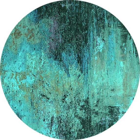 Ahgly Company Machine Washable Indoor Round Oriental Turquoise Blue Industrial Area Rugs, 4' Round