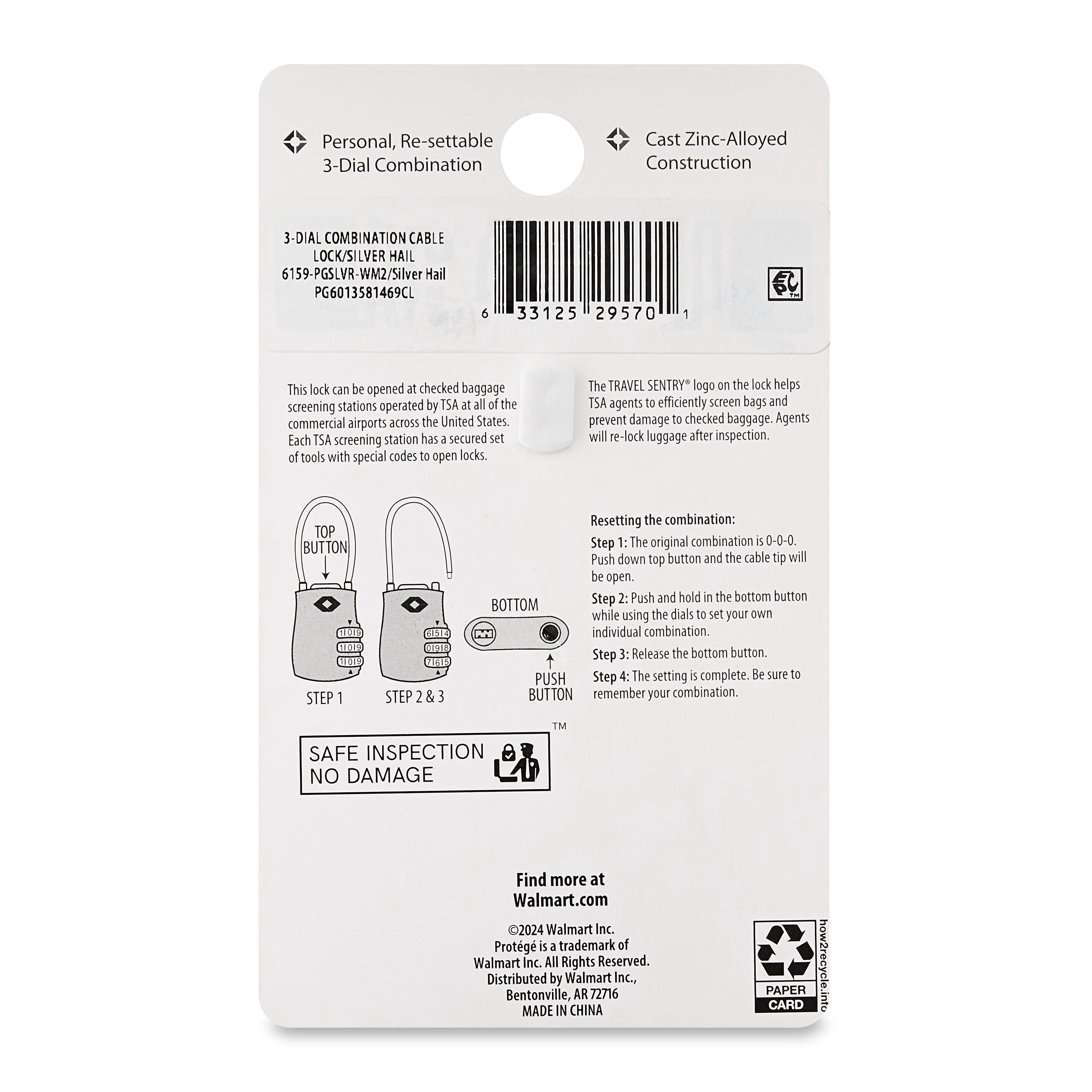 Protege 3-Dial Combination Cable Luggage Lock, Zinc Alloy, TSA Approved, Silver