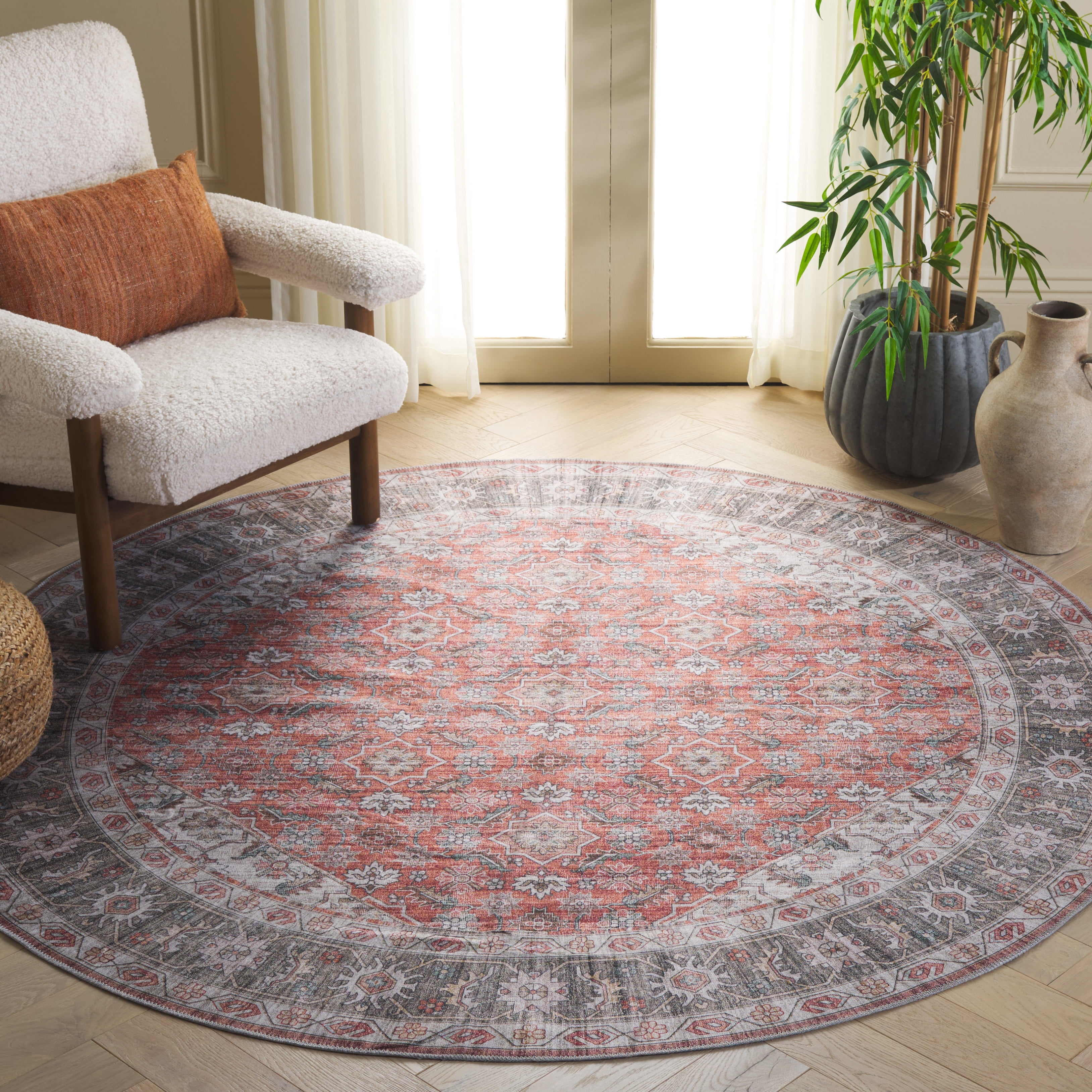 SAFAVIEH Arizona Ronnie Medallion Polyester Machine Washable Area Rug, Rust/Olive, 6' x 6' Round