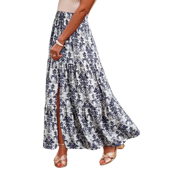 YABCSAZ Women’s Summer Boho Skirts Floral Printed Elastic Waist A Line Maxi Skirt Flowy Swing Tiered A-Line Skirts 2025 Fashion Trendy Elastic Waist Pleated Long Beach Dress