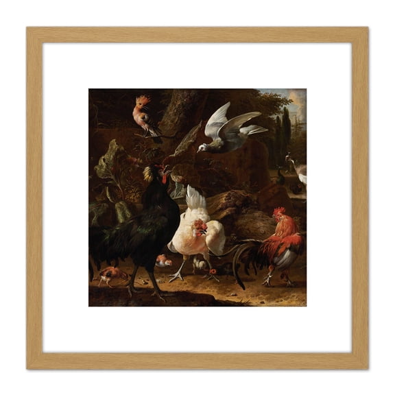 Hondecoeter Birds In A Park Roosters Painting 8X8 Inch Square Wooden Framed Wall Art Print Picture with Mount