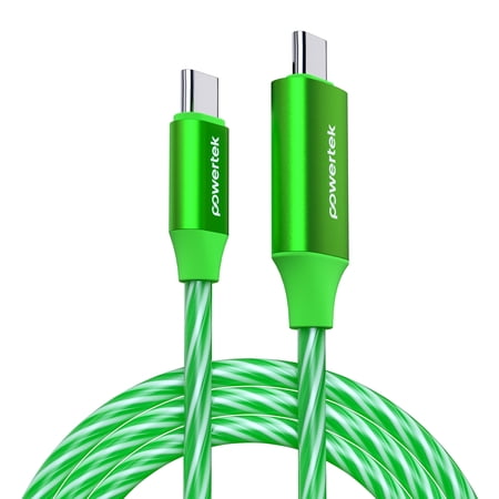 Powertek Light-Up USB-C to USB-C Fast Charging Cable, 60W, 5 ft, Green