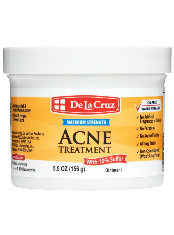 De La Cruz Acne Treatment 10% Sulfur Ointment Pimple Cream for Face and Body Skincare 5.5 Oz