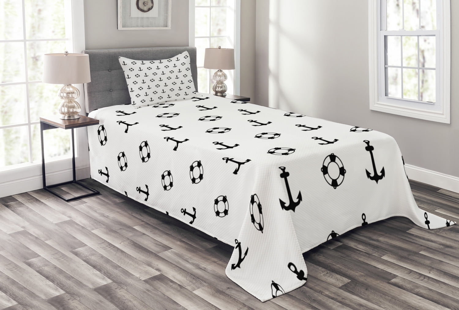 Nautical Bedspread Set Twin Size, Maritime Theme Objects Anchors and