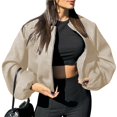 thumbnail image 1 of Chaqueta Corta Informal con Cremallera para Mujer, Estilo Universitario, Abrigos de Moda con Bolsillos de Ribete Caqui S, 1 of 7