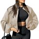 thumbnail image 1 of Chaqueta Corta Informal con Cremallera para Mujer, Estilo Universitario, Abrigos de Moda con Bolsillos de Ribete Caqui S, 1 of 7