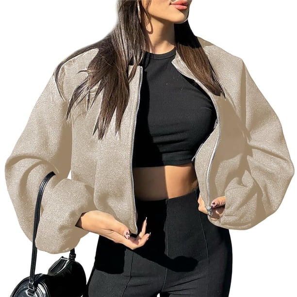 Chaqueta Corta Informal con Cremallera para Mujer, Estilo Universitario, Abrigos de Moda con Bolsillos de Ribete Caqui S