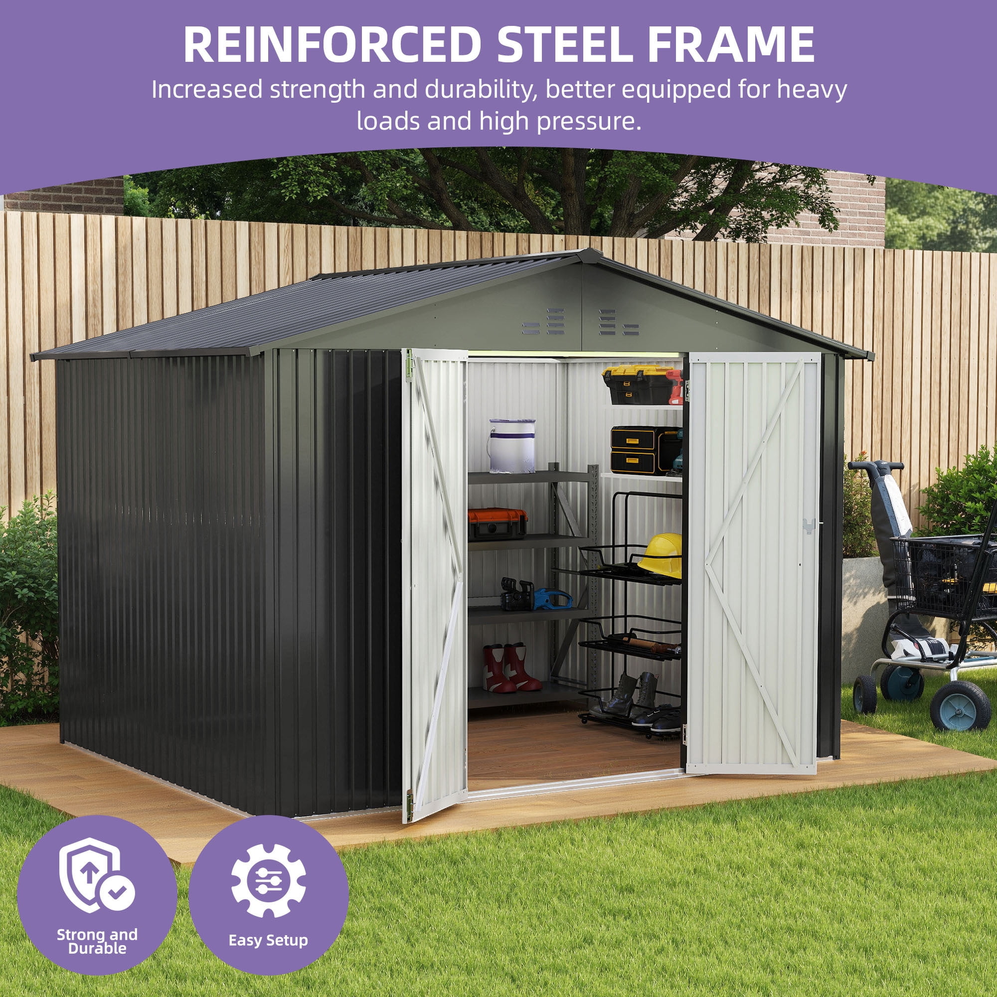 Uforic 7'x5' Metal Outdoor Storage Shed, Waterproof Tool Shed with Lockable Door and Vents, Storage Unit for Bike, Tools, Lawn Mower, Backyard Patio Lawn, Dark Gray