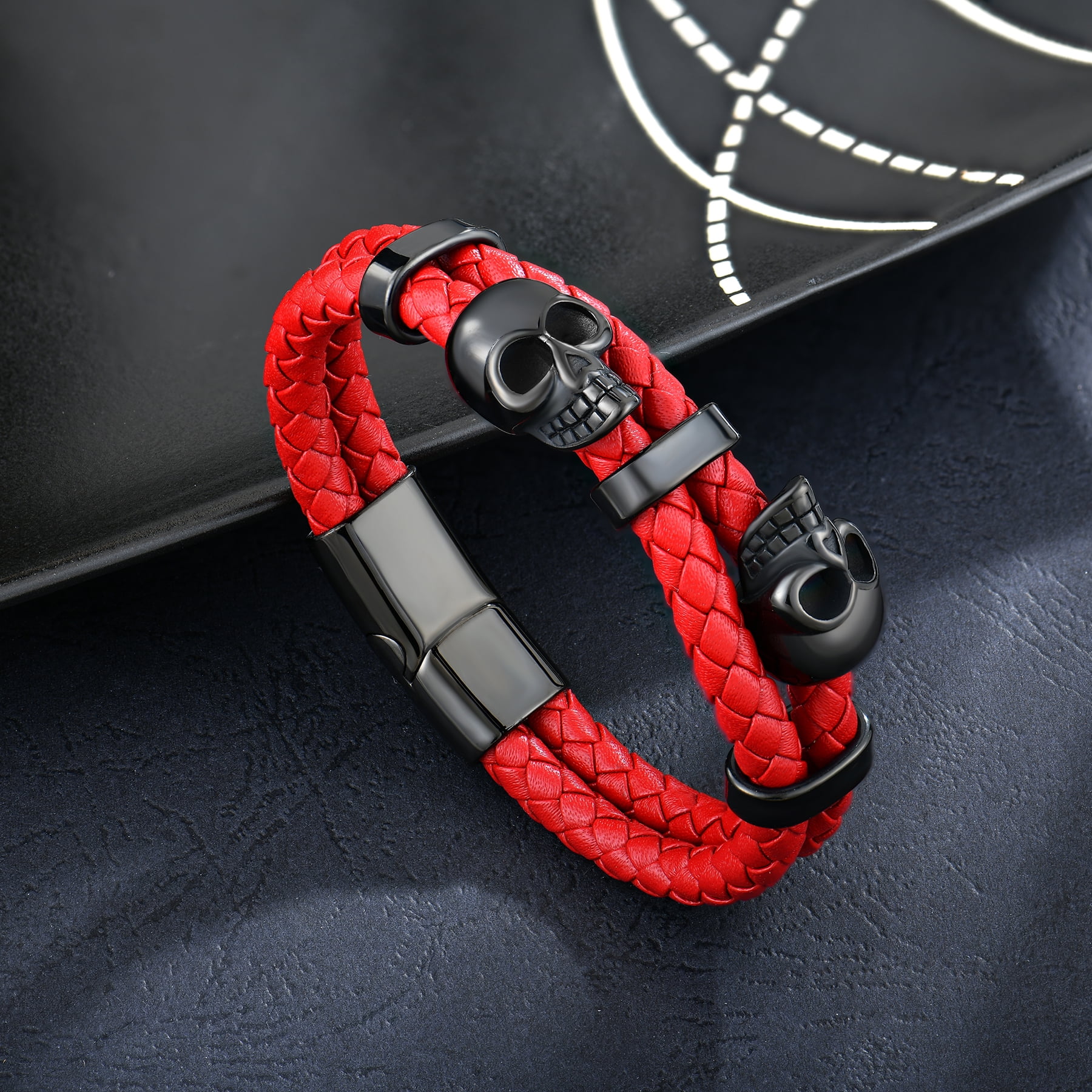 Raymard Mens Skull Double Row Leather Bracelet,Skull Red Braided Bracelet for Men, Mens Punk Jewelry
