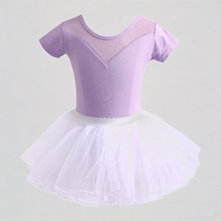 REDARER Girls Ballet Dance Tutu Dress Short Sleeve Mesh V-Neck Leotard with Tulle Skirt Performance Outfit for Jazz Recital Practice Kids 7-8 Years